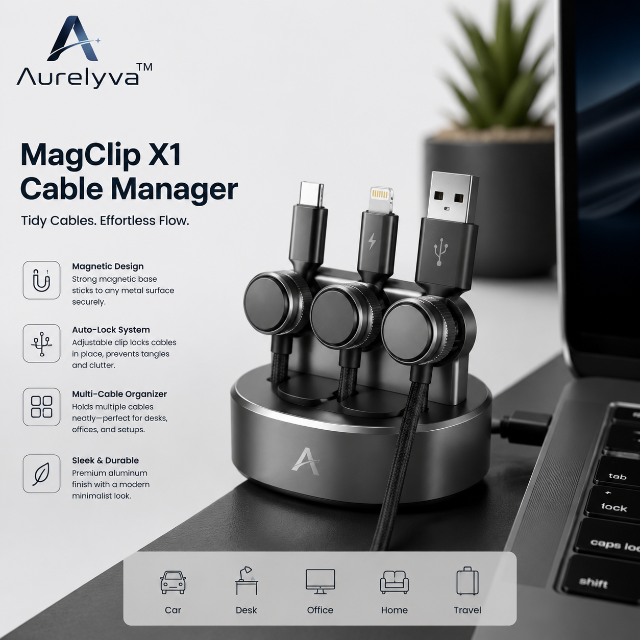 Aurelyva™ MagClip X1 Magnetic Cable Organizer
