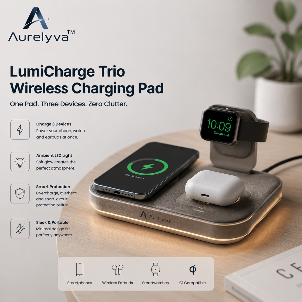 Aurelyva™ LumiCharge Trio Wireless Charging Pad